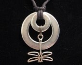 urban artifact necklace - two shiny washers, silver dragonfly charm, oval jump rings