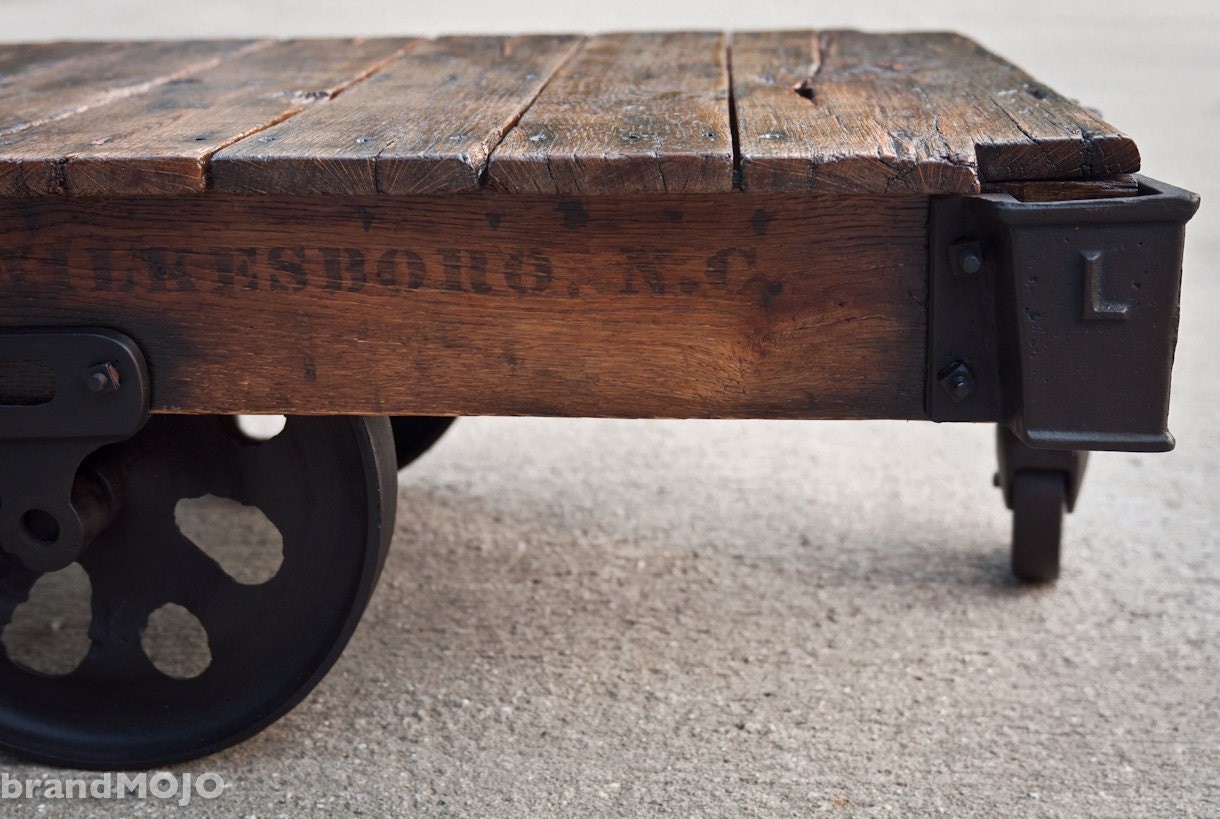 Vintage Industrial Factory Cart Coffee Table - 48L x 27w x 16.5t - very early furniture salvaged repurposed weathered rustic in stock