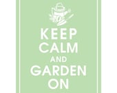 Keep Calm and Garden on - 8x10 Print  (watering can, pot, shovel) (featured in Japanese Jade) Buy 3 Get one Free