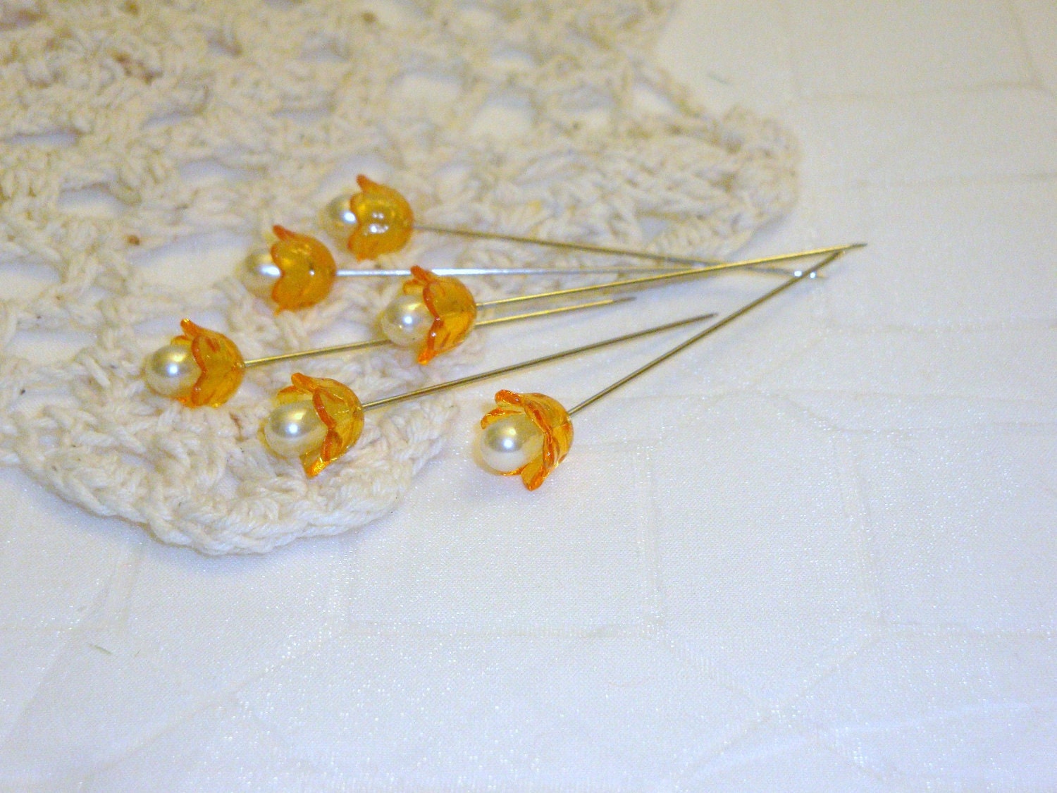 Handmade Decorative Corsage Orange trinket Sewing pearl Pins with flower bead - Pin Toppers - Dress up your Pincushion