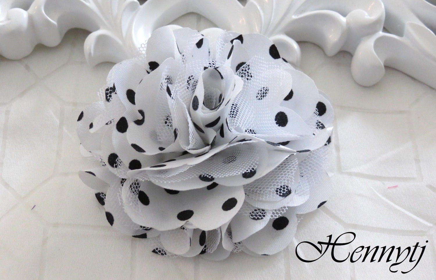 2 pcs- 3'' Satin mesh silk flowers flat back wedding bridal bridesmaid brooch flowers - White with black polka dots