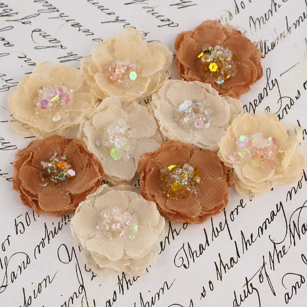 BRAND NEW - Tasha Caramel cream brown Tan Mini Fabric Flowers with sparkle sequins center