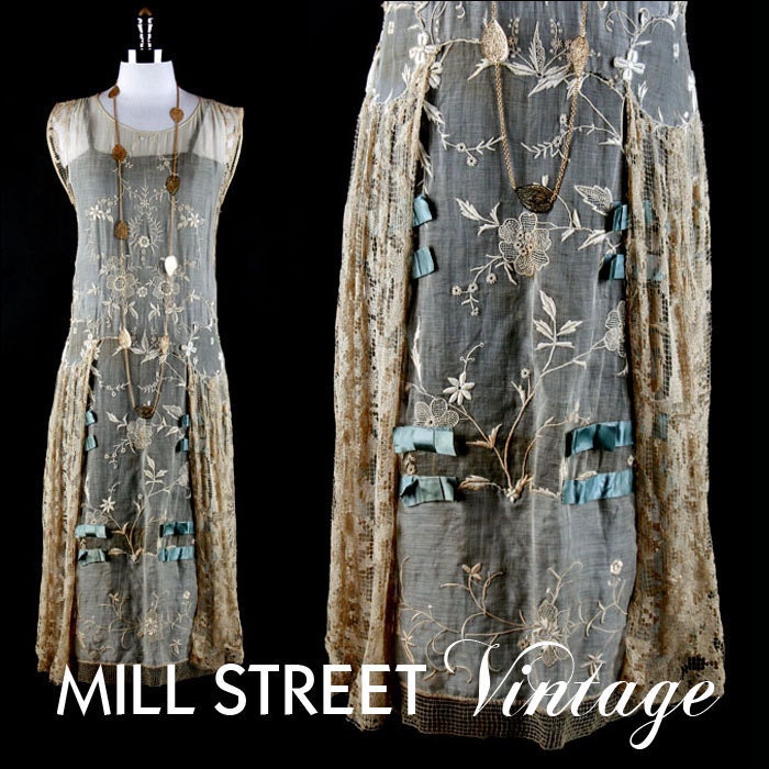 Vintage 1920s 20s Dress --- Taupe Embroidery Lace Blue Satin Flapper Wedding Party Cocktail Antique Textile S/M/L