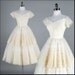 Vintage 1950s Dress . Ivory Chiffon . Flocked Flowers . Emma Domb . Full Tiered Skirt . S/M . 1540