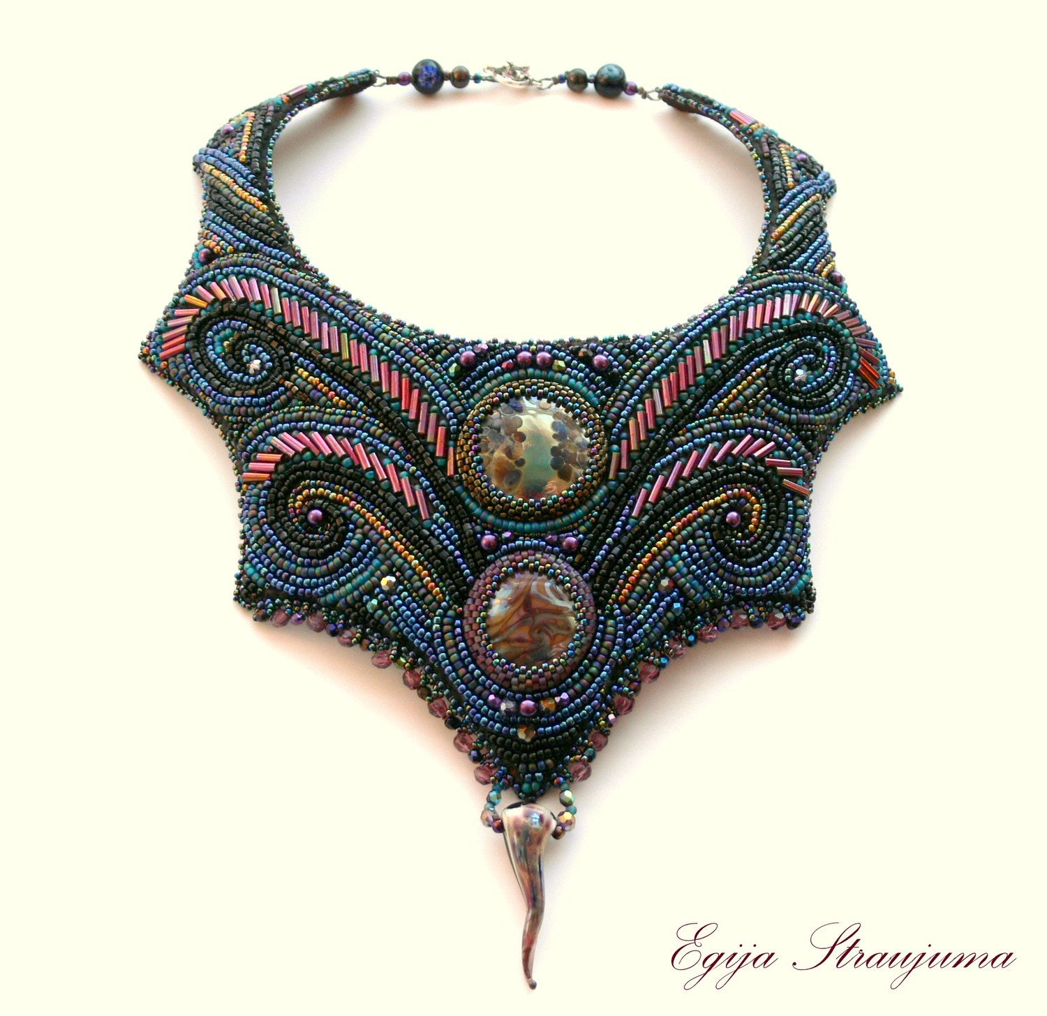 Statement necklace blue. Bead embroidered statement necklace. Art Nouveau. Lampwork jewelry. OOAK, Ready to ship