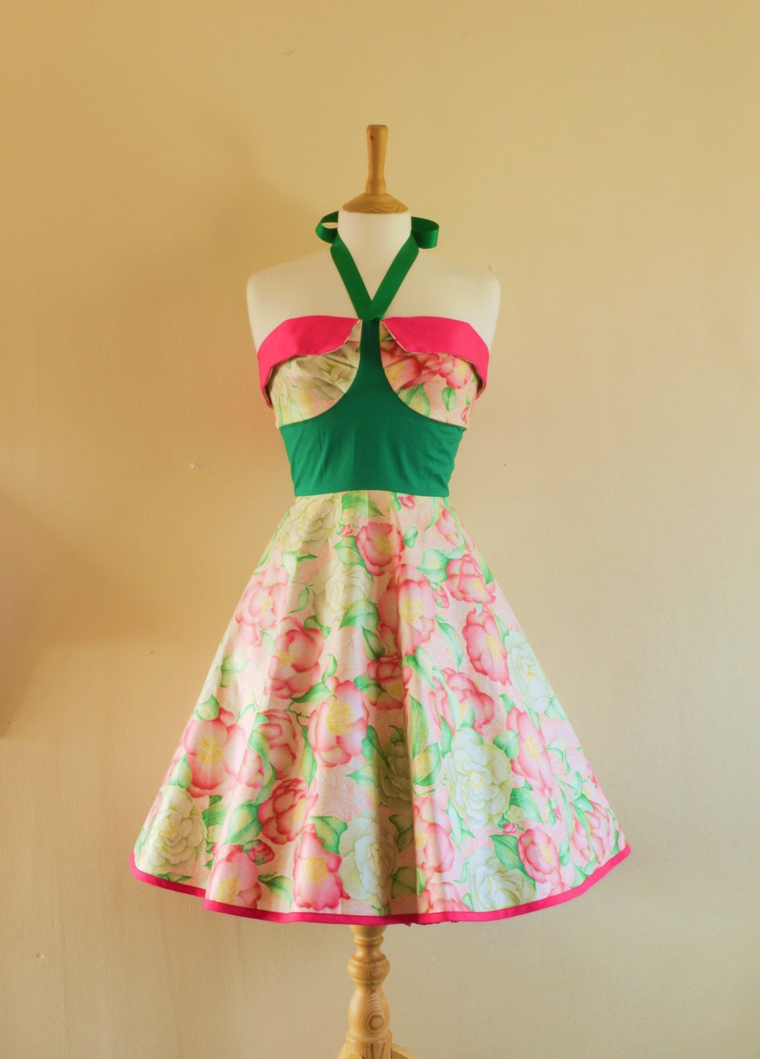Pink and Green Tropical Halter Dress - made by Dig For Victory