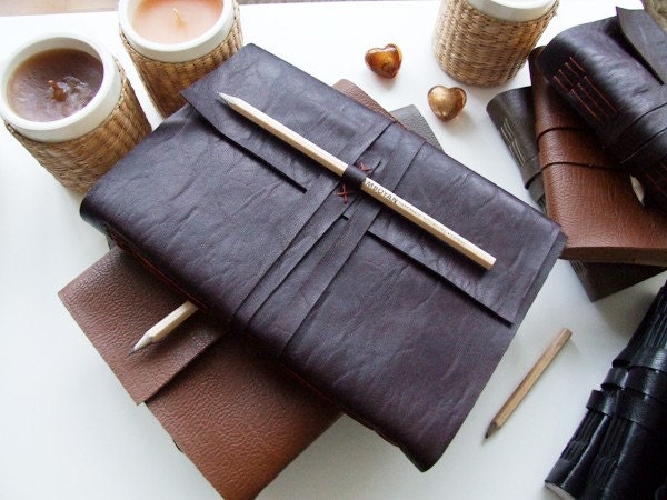 Handmade Notebook Journal A5- brown leather-    un-bleached brown paper.