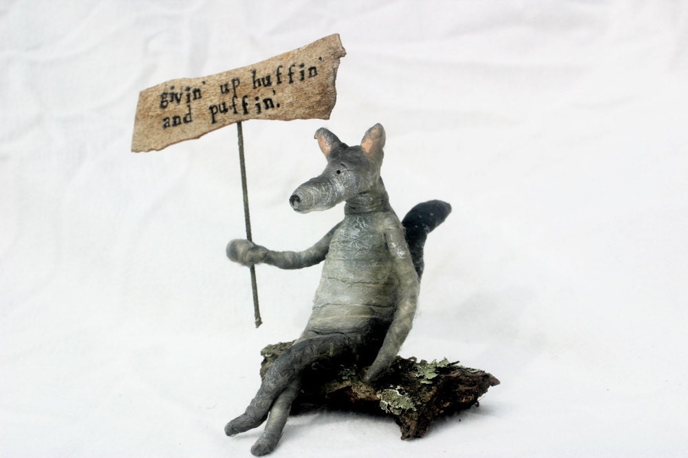 Ooak Spun Cotton The Big Not-So-Bad Wolf With Sign