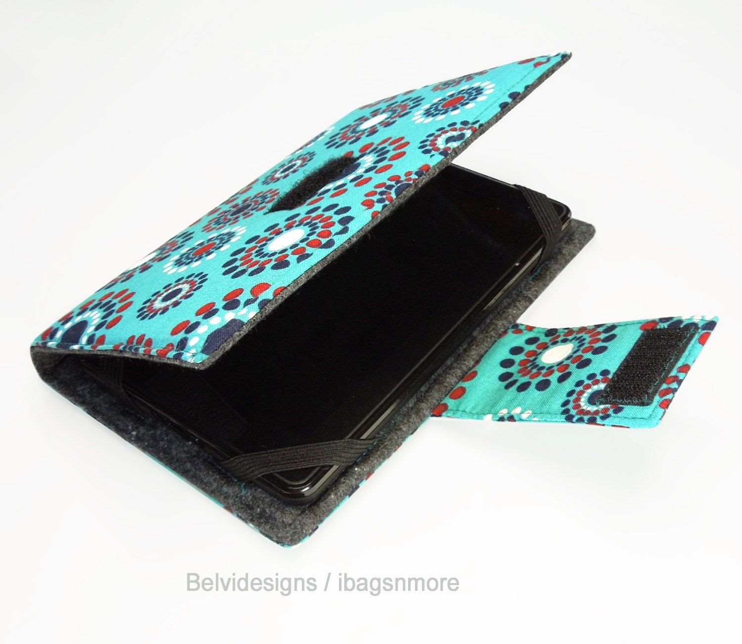 Nexus 7 or Kindle Fire (original) case cover - Book style - Dots circles navy-blue red white on teal