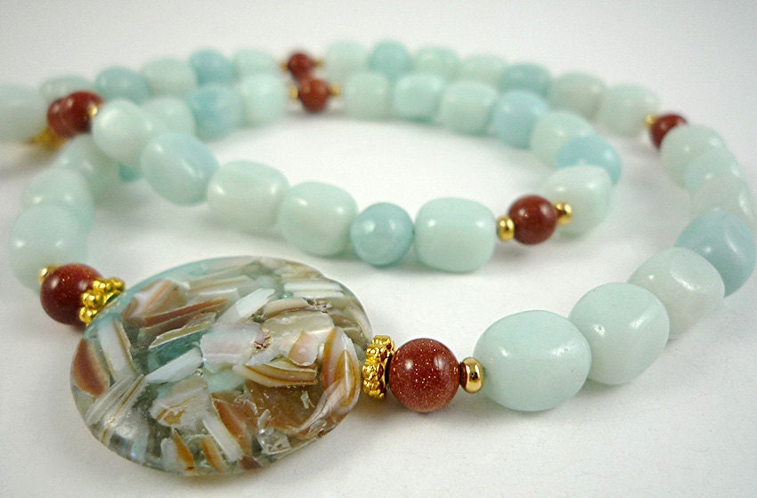 Gemstone Necklace Amazonite Necklace Pale Blue Amazonite Brown Goldstone Beaded Necklace