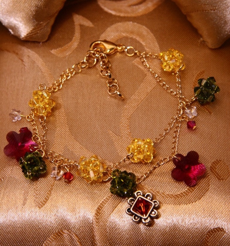 Fall Charm Bracelet with Swarovski Flower Crystals/Wedding Gift/Gift/Holiday Gift
