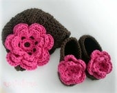 Baby Girl Hat and Shoes Booties Set in Brown with Pink Peonies