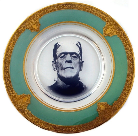 Flow Blue Frankenstein Portrait Plate - Altered Antique Glass Plate