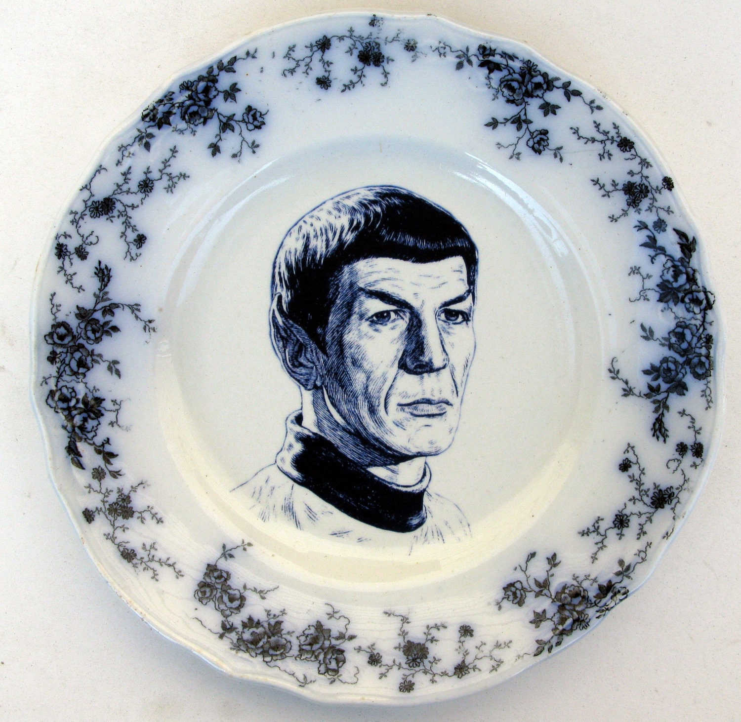 Flow Blue Spock Portrait Plate - Altered Antique Plate