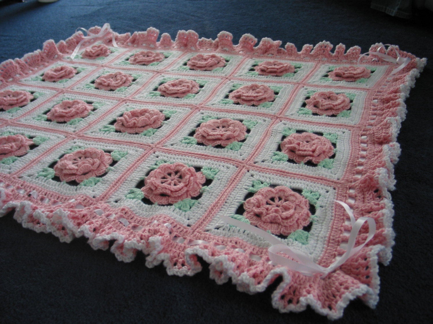 RUFFLES and ROSES CROCHETED BABY AFGHAN BLANKET by sherryann325