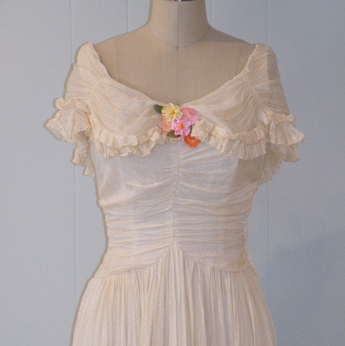 Antique Vintage 30s Cream Dotted Swiss Silk Flowers Full Length Garden Party Wedding Dress, Off Shoulder Ruffled Neckline, Romantic Chic