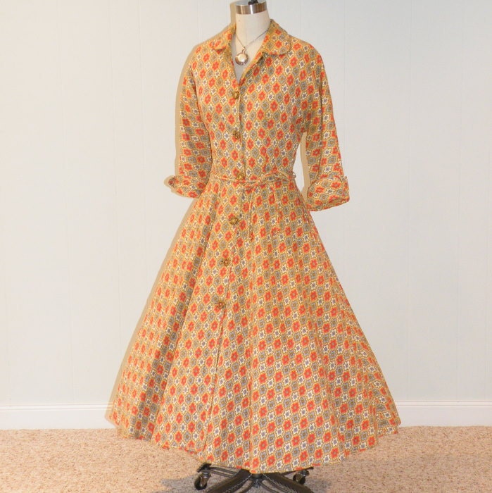 Reserved for Jenny 1950s Dress, 50s Full Skirted Dress, Quilted Medallion Print Shirtwaist Day Dress, Vintage Rockabilly, Hey Lucy