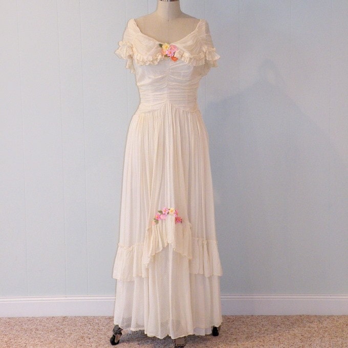 Antique Vintage 30s Cream Dotted Swiss Silk Flowers Full Length Garden Party Wedding Dress, Off Shoulder Ruffled Neckline, Romantic Chic
