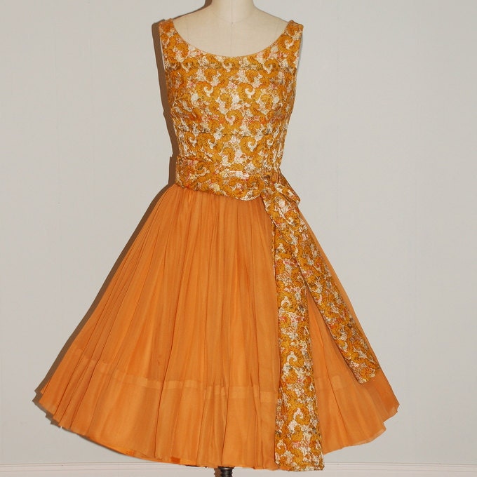 Vintage 50s Dress, Goldenrod Silk Brocade Chiffon Formal Cocktail Wedding Party Prom Dress, Full Skirt, Waist Wrap Sash, Claudia Young