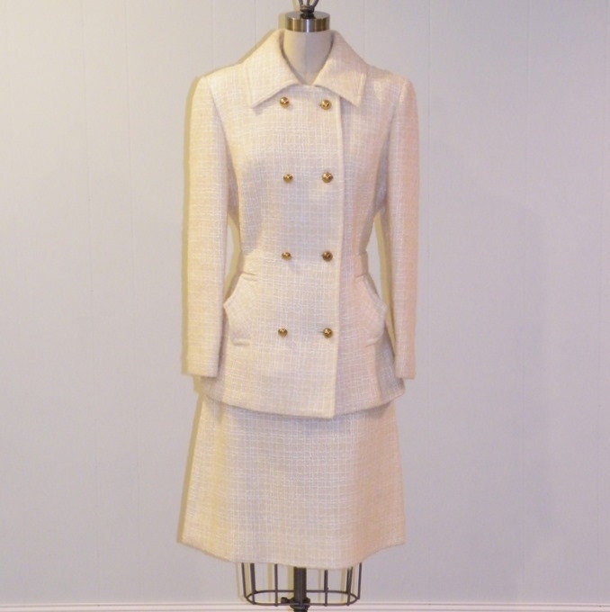 24 Hour Hold 1960s 60s Suit, Winter White & Cream Wool Mohair Cocktail Wedding Party Career Dress Suit, Double Breasted Nipped Waist Blazer