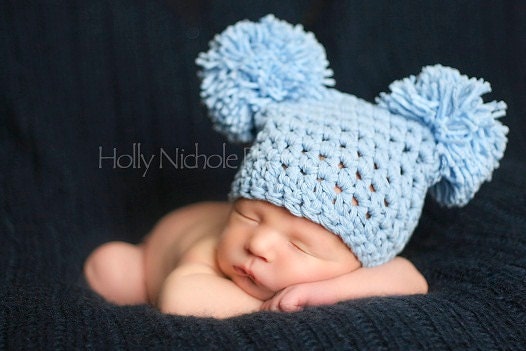 Baby boy hat - Little boy blue cotton crocheted pom pom sack hat - MADE TO ORDER