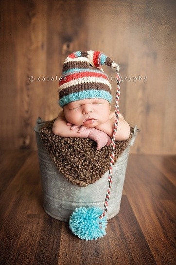 Aqua, brown, cream and red striped elf hat - MADE TO ORDER