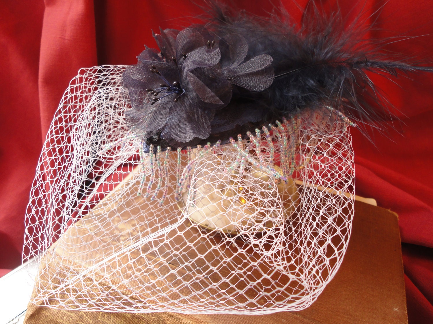 Indigo Twilight Fascinator, beaded navy blue fascinator