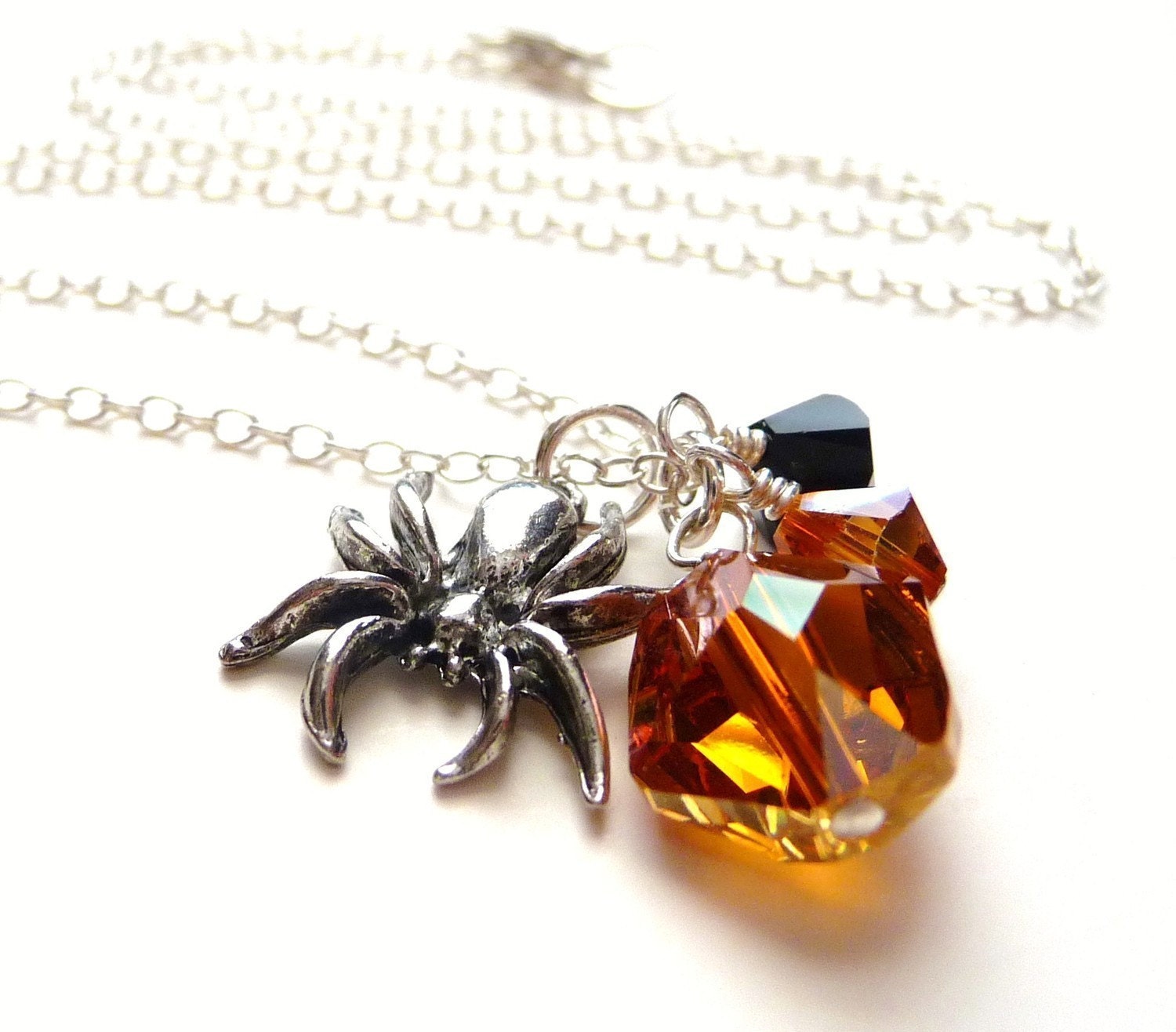 Halloween Charm Necklace - Burnt Orange Swarovski Crystals & Silver Spider Charm, Sterling Silver, Handmade, October, Fall, Autumn