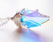 Swarovski Crystal Leaf Necklace, Aurora Borealis Glass Leaf, Wire Wrapped Pendant, Sterling Silver Necklace, JBMDesigns, Under 50