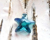 Swarovski Starfish Necklace, Indicolite, Aurora Borealis, Teal Aqua Blue Crystal, Sterling Silver Wire Wrapped Pendant, Nautical, Ocean