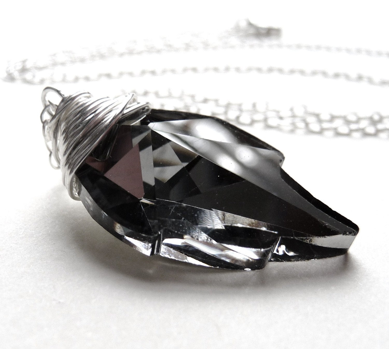 Black Diamond Swarovski Crystal Leaf Wire Wrapped Pendant Handmade Sterling Silver Necklace