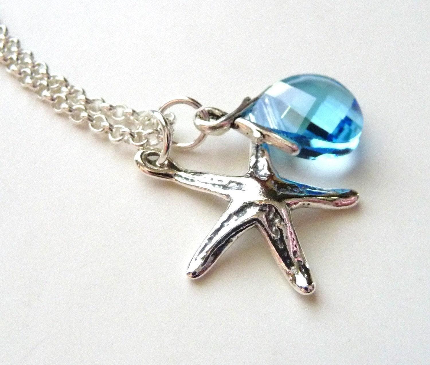 Starfish Charm Crystal Necklace - Aquamarine Blue Swarovski Briolette Crystal Sterling Silver Starfish Charm, Ocean, Nautical, Fashion
