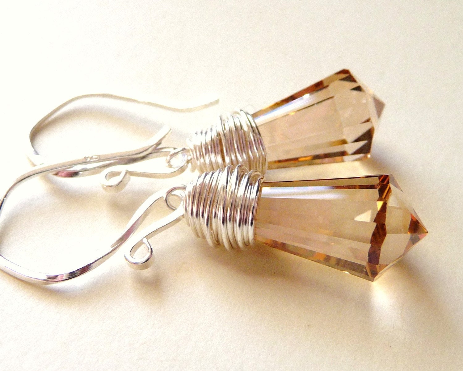 Light Topaz Glass Earrings, Brown Crystals, Wire Wrapped, Sterling Silver Handmade, Honey Drops