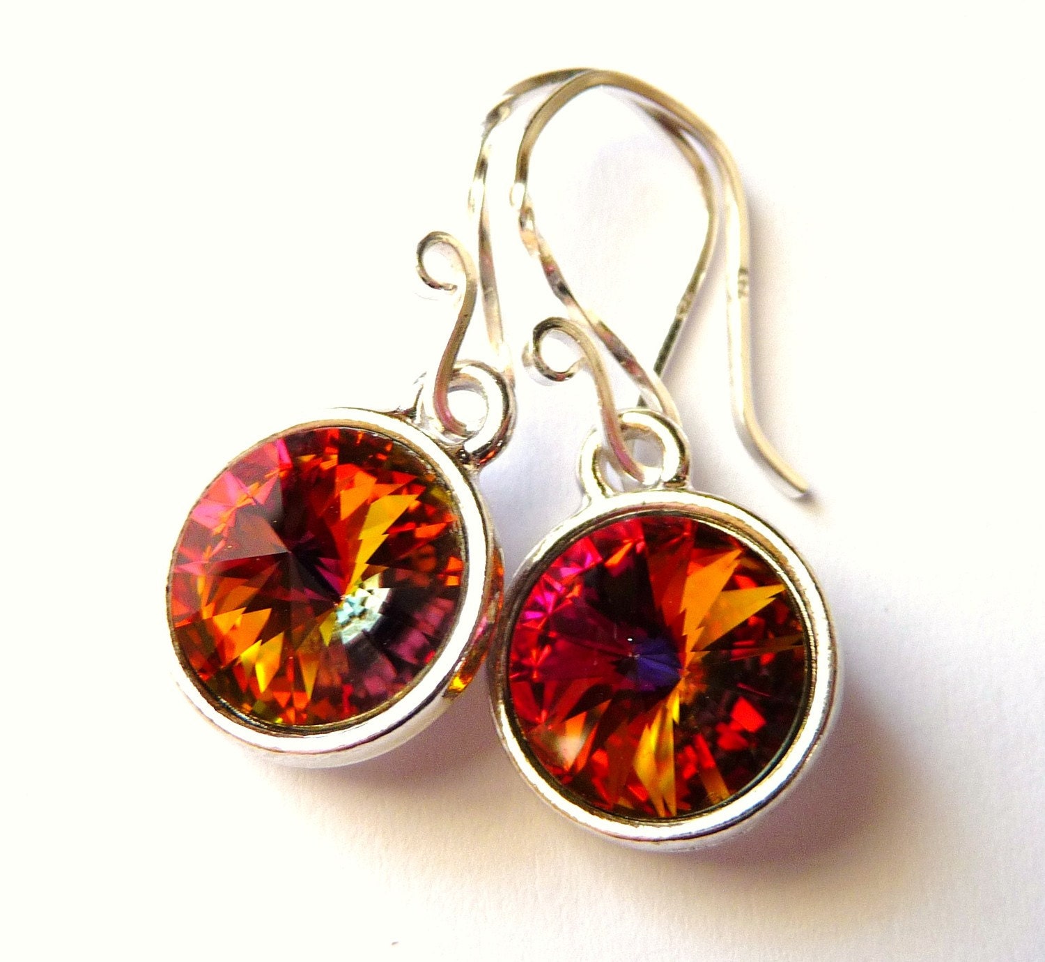 Orange Swarovski Crystal Earrings, Orange, Yellow, Magenta- Swarovski Prism Crystal Briolette Rivolis, Sterling Silver, Fashion