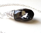 Black Swarovski Crystal Pendant Necklace, Starry Night, Black Diamond Pear Crystal, Wire Wrapped Briolette, Sterling Silver Necklace