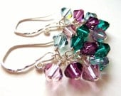 Swarovski Cluster Crystal Earrings, Amethyst Purple & Emerald Green Earrings, Sterling Silver, JBMDesigns, Fashion