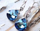 Ocean Blue Crystal Earrings, Aquamarine & Sapphire Blue Swarovski Crystals, Sterling Silver Briolettes, Fashion