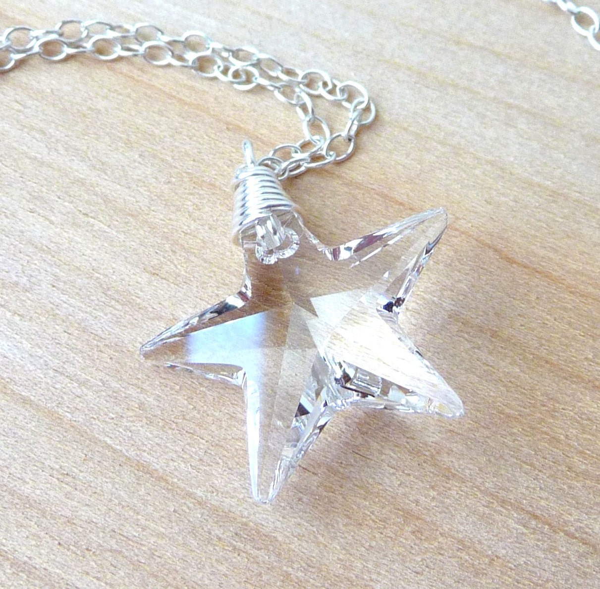 Clear Swarovski Crystal Star Necklace - Wire Wrapped Glass Crystal Handmade Sterling Silver Necklace, Fashion, JBMDesigns