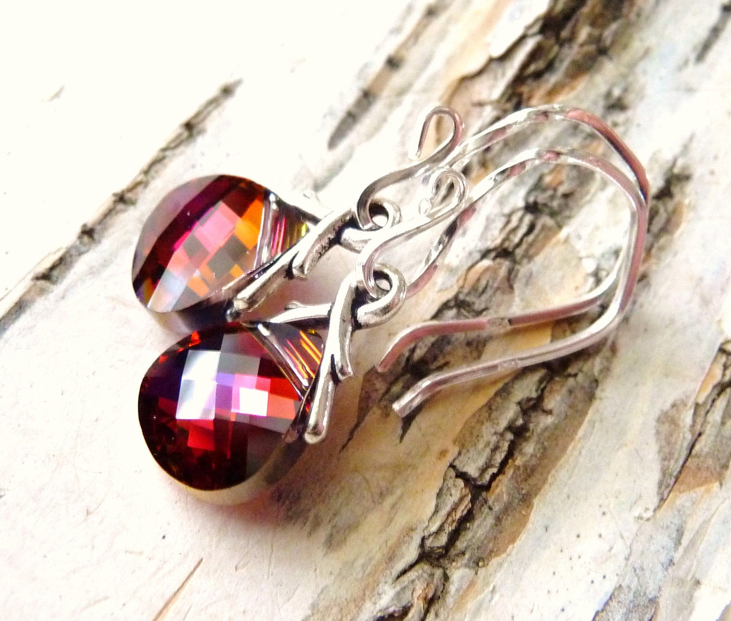 Crystal Earrings, Violet, Topaz Orange, & Red Swarovski Briolettes, Sterling Silver Earrings, Under 25, Fashion