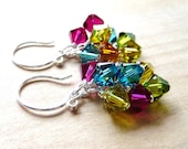 Cluster Crystal Earrings - Swarovski Bicone Sterling Silver Dangles Copper, Yellow, Ruby, Green & Blue, Fashion