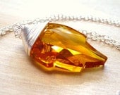 Topaz Leaf Necklace - Swarovski Honey Orange Yellow Wire Wrapped Crystal Pendant, Sterling Silver Necklace, JBMDesigns