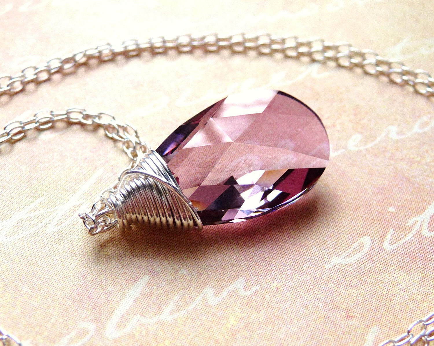 Pink Swarovski Crystal Necklace, Antique Pink Crystal Glass Wire Wrapped Pendant Necklace, Valentines Day Gift