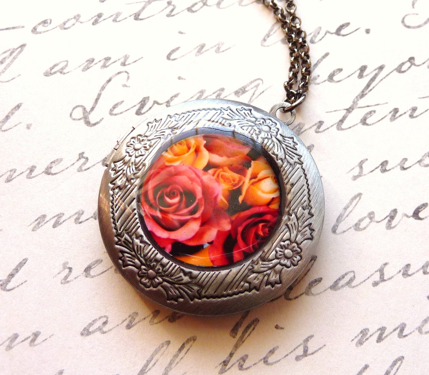 Locket Necklace, Pink, Red, & Yellow Rose Flower Photo Locket Pendant Necklace, Resin Pendant, Silver Picture Locket, Fashion