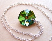 Rainbow Prism Glass Necklace, Green Crystal Octagon Wire Wrapped Pendant, Sterling Silver Necklace, JBMDesigns, Fashion