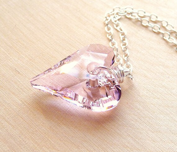 Pink Crystal Heart Necklace Swarovski Rosaline Pink by JBMDesigns