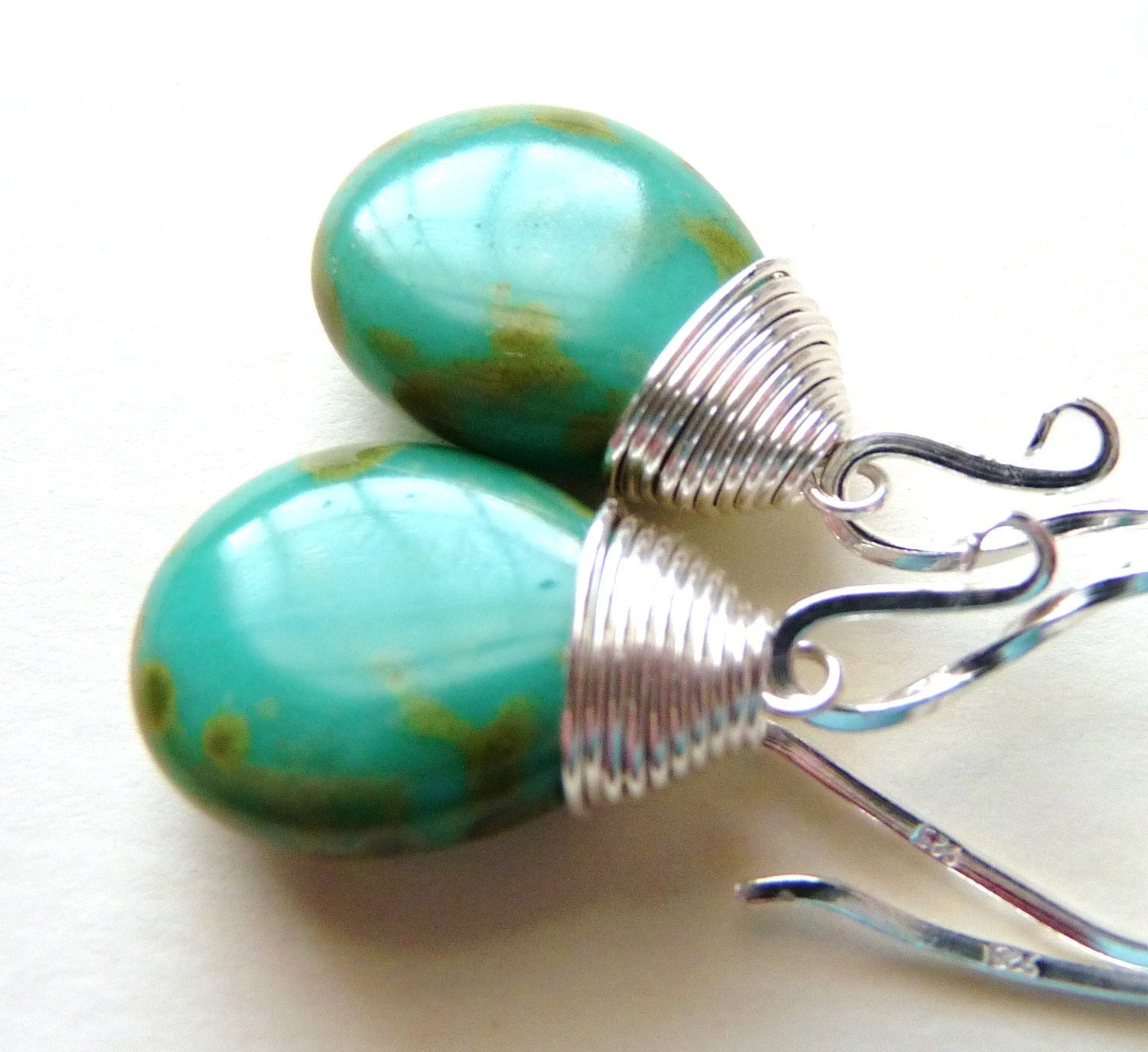 Turquoise Teal Blue Picasso Czech Glass Teardrop Sterling Silver Dangle Handmade Earrings