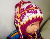 Hand Knit Baby Hat - 3 to 6 Month Earflap Girl Hat in cherry, deep pink, pink, dark pink, fuchsia, white, yellow