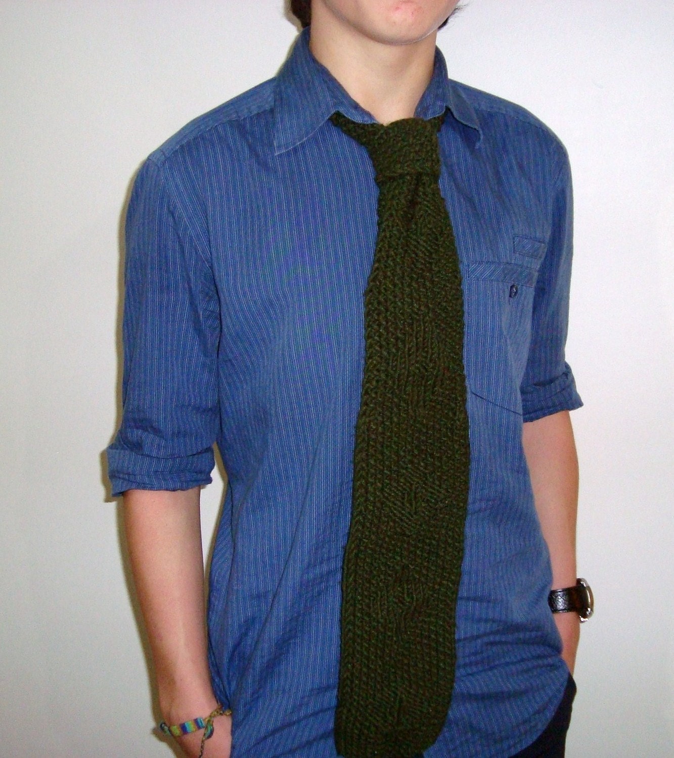 Hand Knit Tie Men's Office Fashion - Dark Green Necktie - Fathers Day - Sale