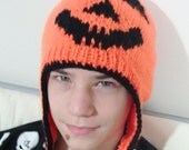 Hand Knit Kids Boys Hat - Jack-O-Lantern Hat - Pumpkin - Orange/Black - Halloween Fashion