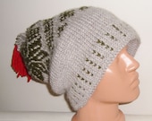 Hand Knit Hat Mens or Womens Hat - Slouch Hat in Beige, Olive Green, Red Pom Pom